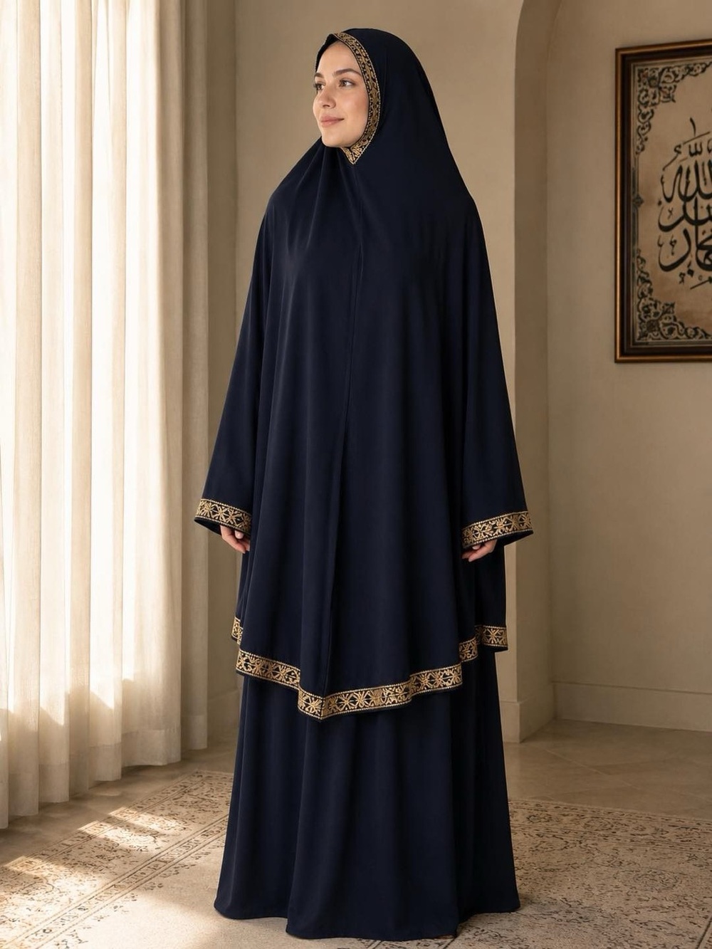 Elegant Navy Prayer garment set with Gold Embroidery